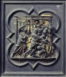 Christus vertreibt die Händler aus dem Tempel, siebtes Panel der Nordtüren des Baptisteriums von San Giovanni, 1403-24